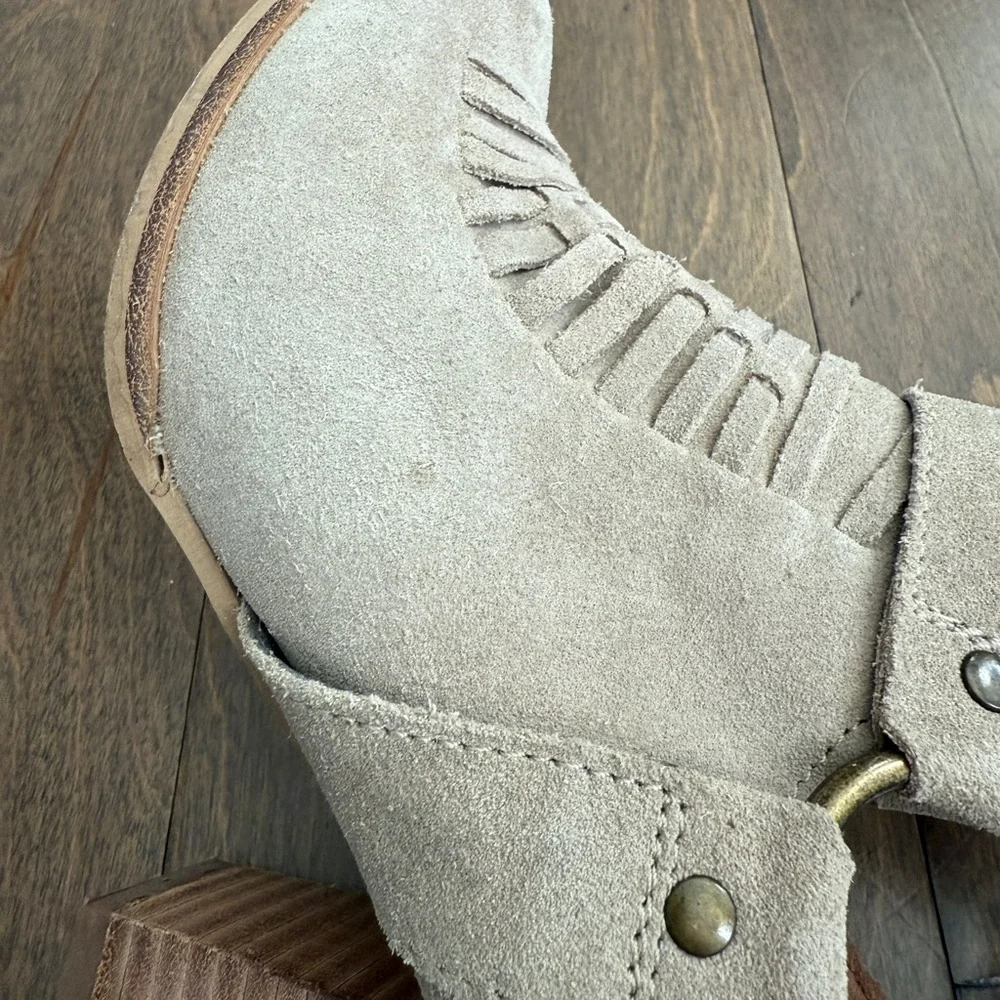 SEYCHELLES  Impossible Beige Suede Harness Ankle Heeled Booties Size 7.5 Women’s